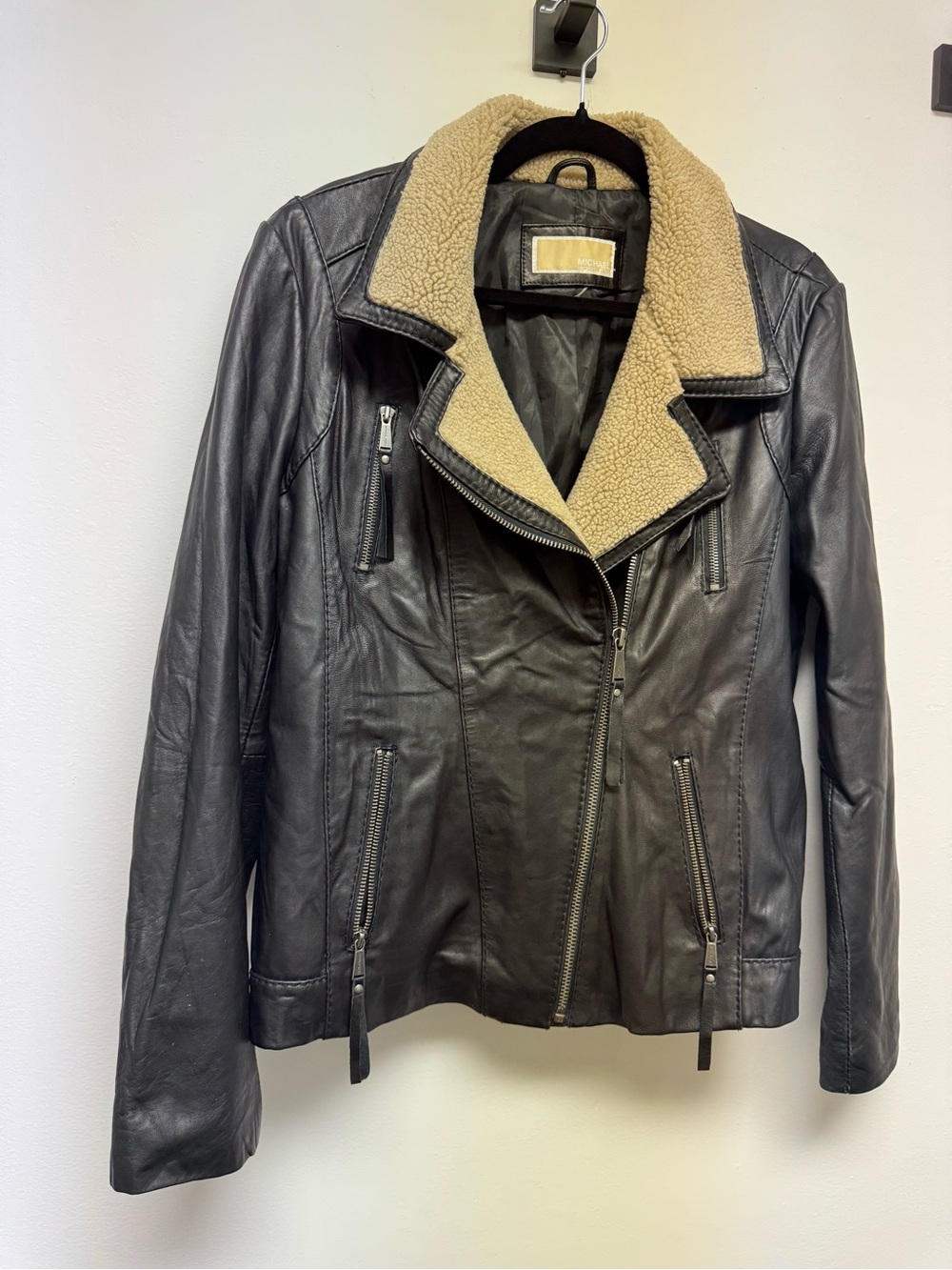 Michael Kors Black  super soft Leather Jacket with Tan Sherpa Collar
